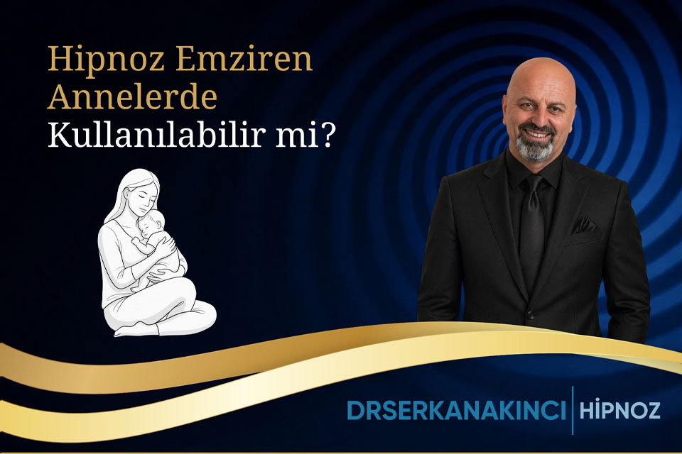 Turkish promo banner asking 'Hipnoz Emziren Annelere Kullanılabilir mi?' with a smiling man in a suit on the right and a breastfeeding mother sketch on the left, gold ribbons, and brand logo.