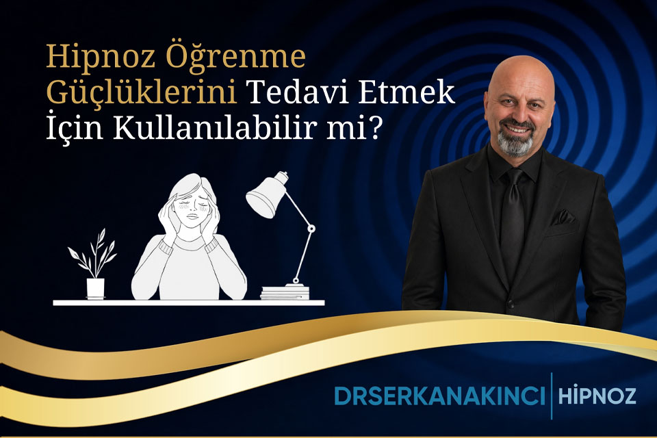 Hipnoz öğrenme güçlüklerini tedavi etmek için kullanılabilir mi? poster: takım elbiseli bir erkek ve sol tarafta çalışkan bir öğrenci çizimiyle.