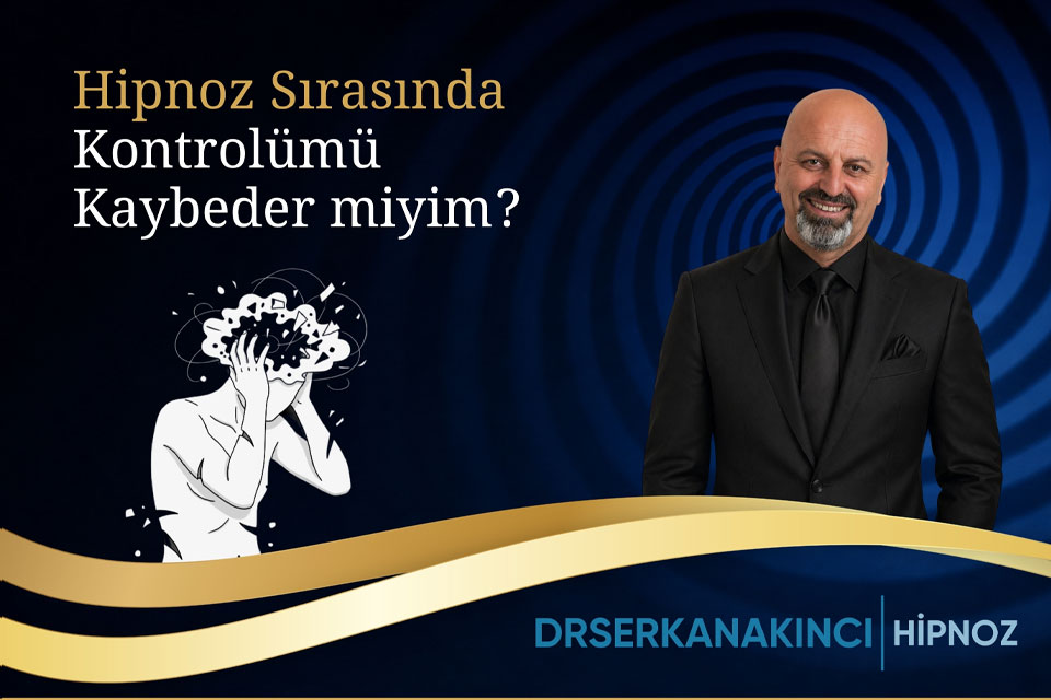Hypnosis promo banner with a smiling man in a suit, a distressed cartoon figure, blue spirals and gold waves; logo 'DRSERKANAKINCI HIPNOZ'.