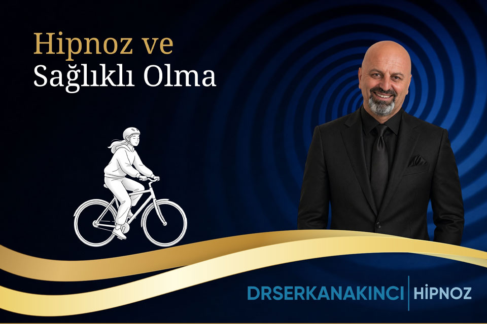 Hipnoz ve Sağlıklı Olma başlığıyla, mavi spiral arka planında takım elbiseli bir erkek ve sol tarafta bisikletli çizim ile altın dalga motifli logo.