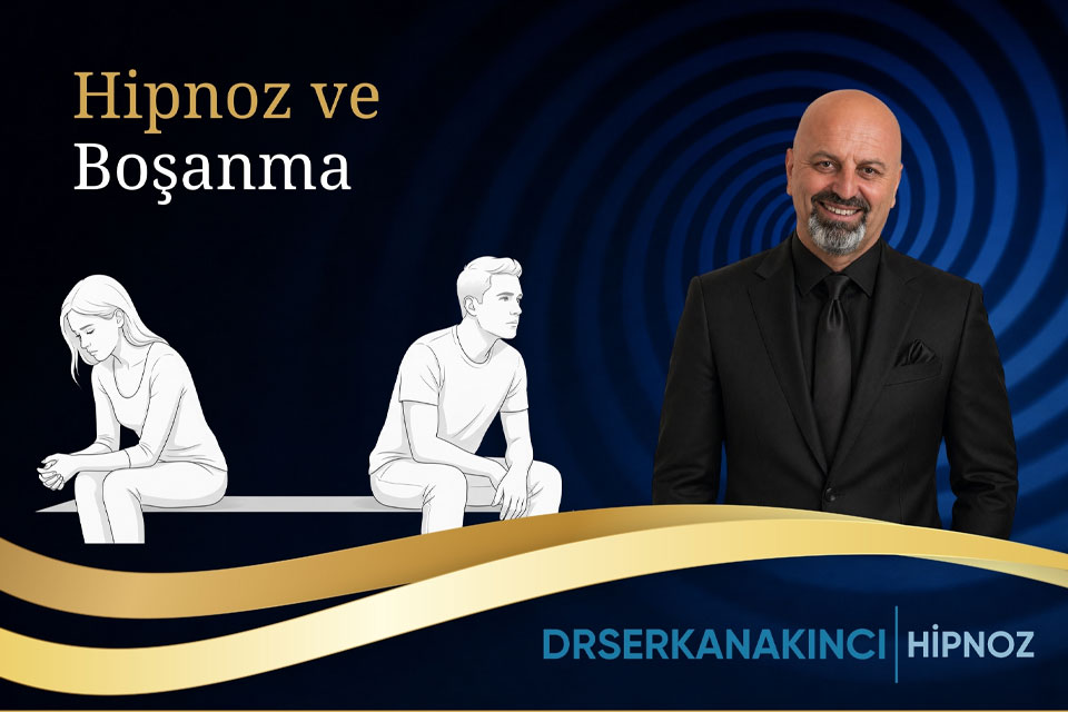 Promotional image for hypnosis and divorce: a man in a black suit on the right with an illustrated couple sitting on a bench on the left, blue spiral background and gold curves with branding text at the bottom.