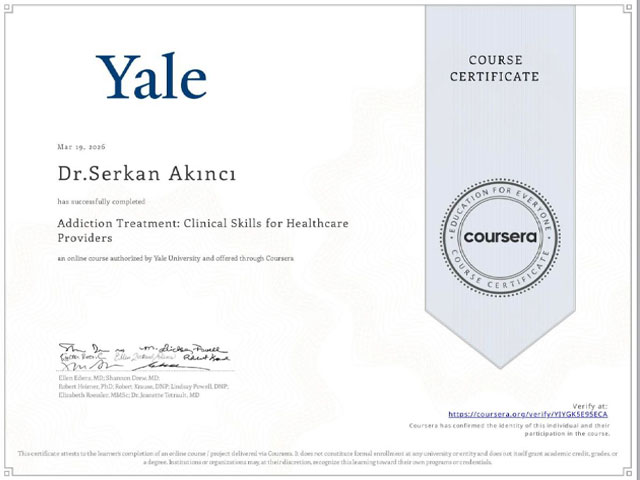 Addiction Treatment: Clinical Skills for Healthcare Providers - Yale University an online course authorized by Yale University and offered through Coursera - Doğrulama linki: https://coursera.org/verify/YIYGK5E95ECA