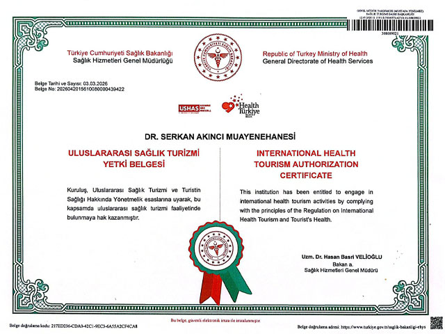 03.03.2026 Tarihinde T.C. Sağlık Bakanlığı Uluslararası Sağlık Turizmi Yetki Belgesini almıştır.
Belge doğrulama kodu: 217ED236-CDA0-42C1-9EC3-6A55A2CF4CA8
Belge doğrulama adresi: https://www.turkiye.gov.tr/saglik-bakanligi-ebys