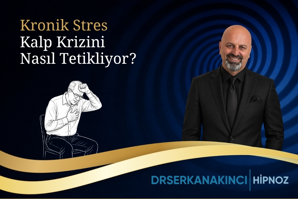 Görsel başlık: 'Kronik Stres Kalp Krizi Nasıl Tetikliyor?' yazıları; sağda gülümseyen, siyah takım elbiselı bir adam; solda endişeli çizimli bir erkek figürü.