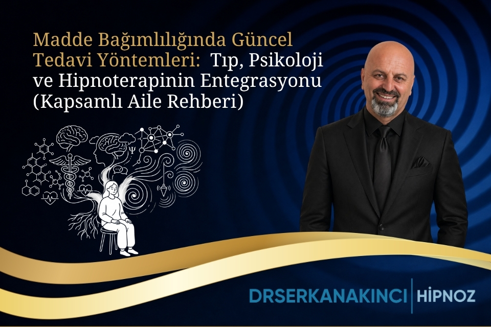 Poster promoting current addiction treatment methods (medicine, psychology, hypnotherapy) with a man in a suit on the right and science doodles on the left.