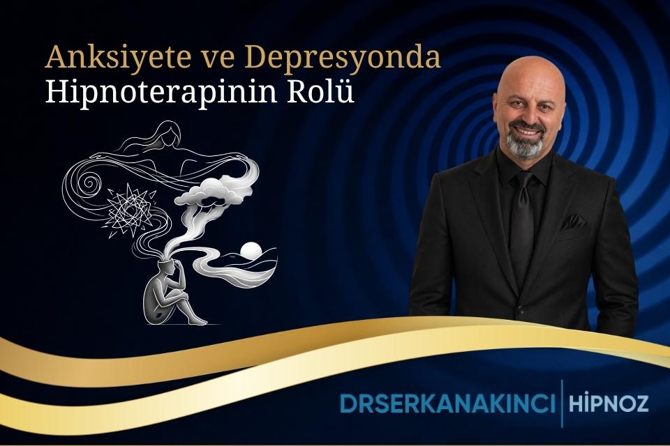 Turkish banner promoting hypnosis in anxiety and depression with a smiling hypnotherapist in a black suit on the right and abstract swirls on the left.