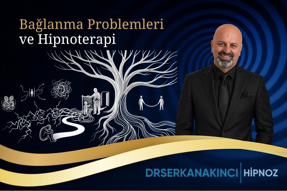 Promotional banner for attachment issues and hypnotherapy with a smiling man in a suit on the right and a white tree with abstract figures on a dark blue background.