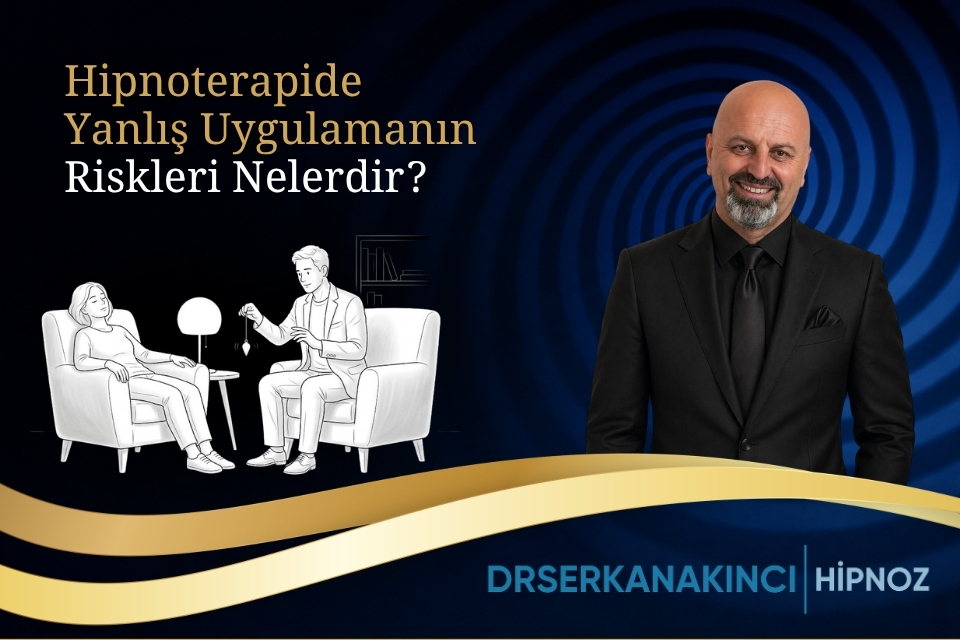Turkish banner about hypnotherapy risks: left shows a patient relaxing on a chair while a therapist prepares a pendulum, right features a smiling man in a suit; heading asks about risks of incorrect hypnosis practice; includes logo at bottom.