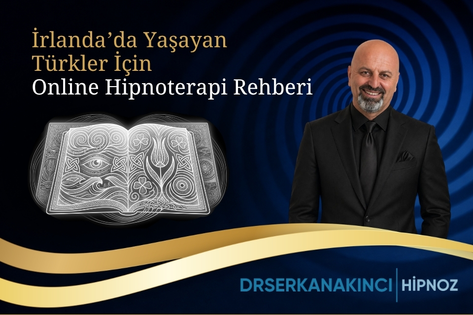 Turkish: 'İrlanda’da Yaşayan Türkler İçin Online Hipnoterapi Rehberi' title with a smiling man in a suit beside an ornate open book on a dark blue swirl background with gold ribbons.