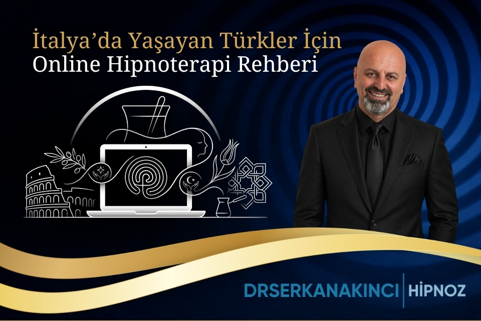Cover image for an online hypnotherapy guide for Turks living in Italy; a smiling man in a black suit stands on the right, with white line-art laptop and Italian icons on the left, blue spiral background, and a gold wave motif beneath the title in Turkish.