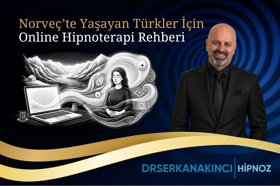 Turkish-language hero promoting an online hypnotherapy guide for Turks in Norway; man in a suit beside a meditative illustration and laptop.
