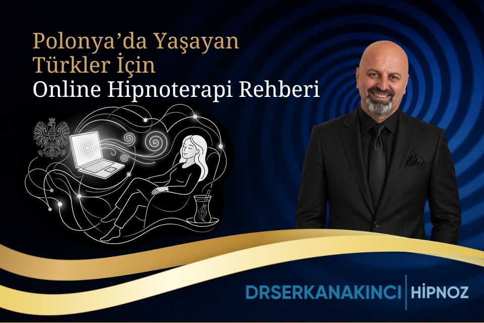 Polish-based Turkish audience banner promoting online hypnotherapy guide; man in a suit on the right with a hypnotic blue spiral background.