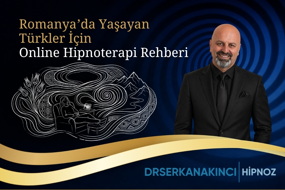 Promotional banner for online hypnotherapy for Turks living in Romania; a smiling man in a black suit stands beside abstract swirl artwork and gold ribbons, with Turkish text on the left.