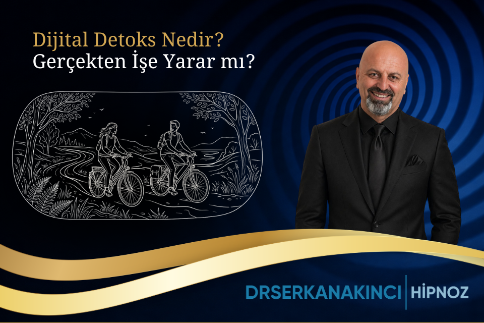 Turkish promo thumbnail for a hypnosis talk: title text, suited man, chalk bicycle scene, gold waves, branding.