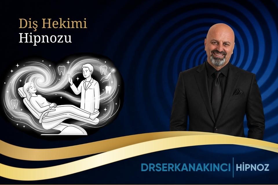 Banner showing a dentist performing hypnosis on a patient in a stylized illustration, set against a dark blue background with Turkish text 'Diş Hekimi Hipnozu'.