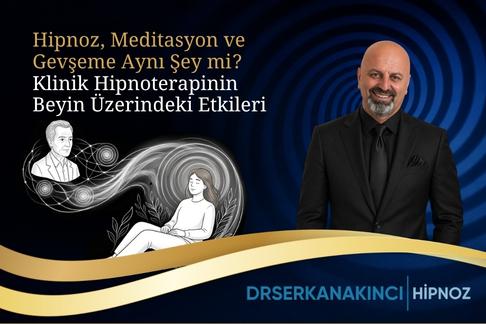 Turkish banner promoting hypnosis and meditation clinic; shows a smiling hypnotherapist and a meditating figure against a blue spiral background with gold ribbons and clinic logo.