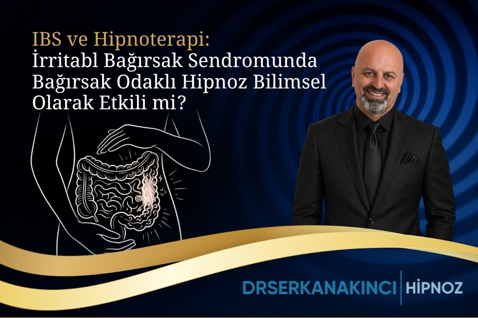 Turkish promotional banner about IBS and gut-focused hypnosis, showing a smiling man in a suit beside an outline diagram of the intestines against a blue spiral background.