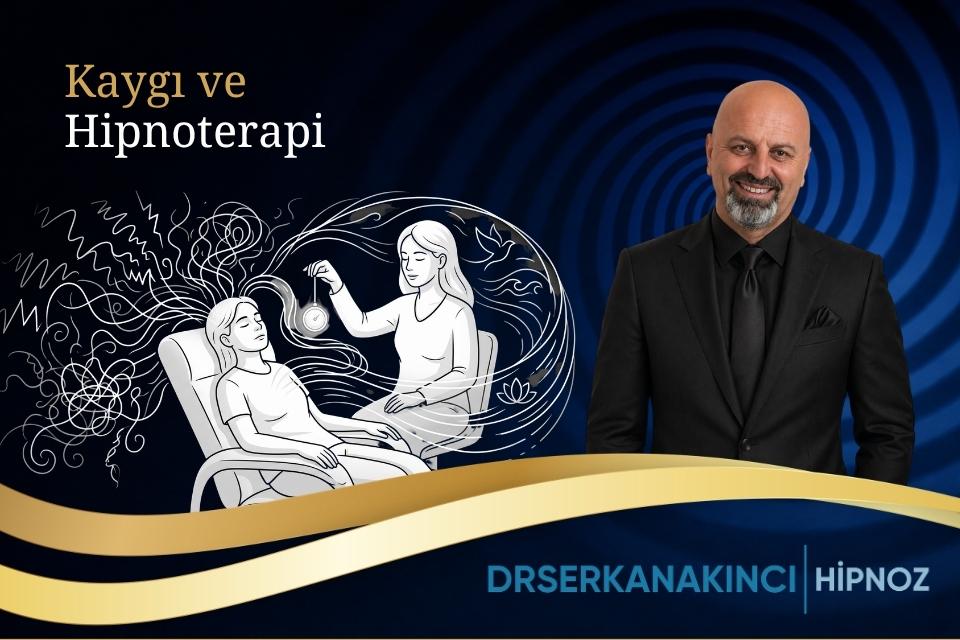 Smiling hypnotherapist in a dark suit beside an abstract illustration of two people receiving hypnotherapy.