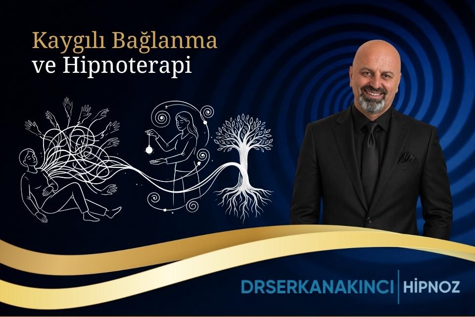Promotional banner for anxious attachment and hypnotherapy; man in a suit on the right, with abstract white line art on a dark blue background and a gold ribbon motif.
