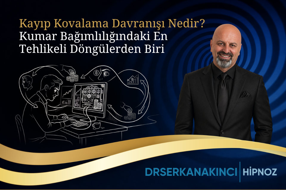 Turkish hypnosis video thumbnail: Dr. Serkan Akıncı in a suit beside a chalk-drawn online gambling scene with the title about gambling addiction.