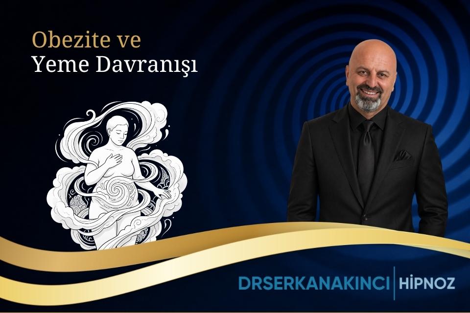 Turkish banner titled 'Obezite ve Yeme Davranışı' showing a smiling man in a black suit on the right, an abstract white figure on the left, blue concentric background and gold waves at the bottom.