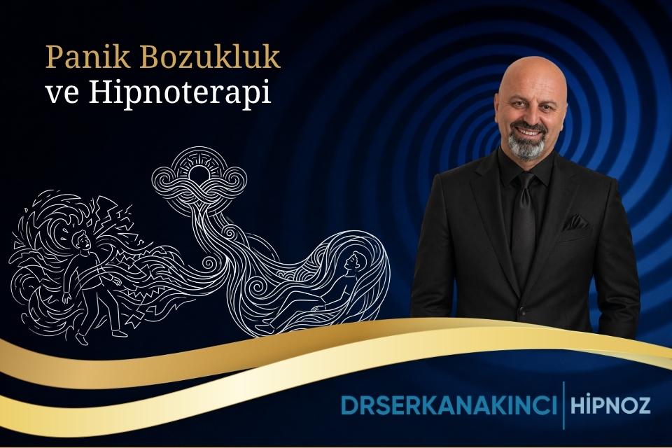 Promo banner for Panik Bozukluk ve Hipnoterapi with Dr. Erkan Akinci in a black suit, blue swirl background, white line art, and a gold ribbon.