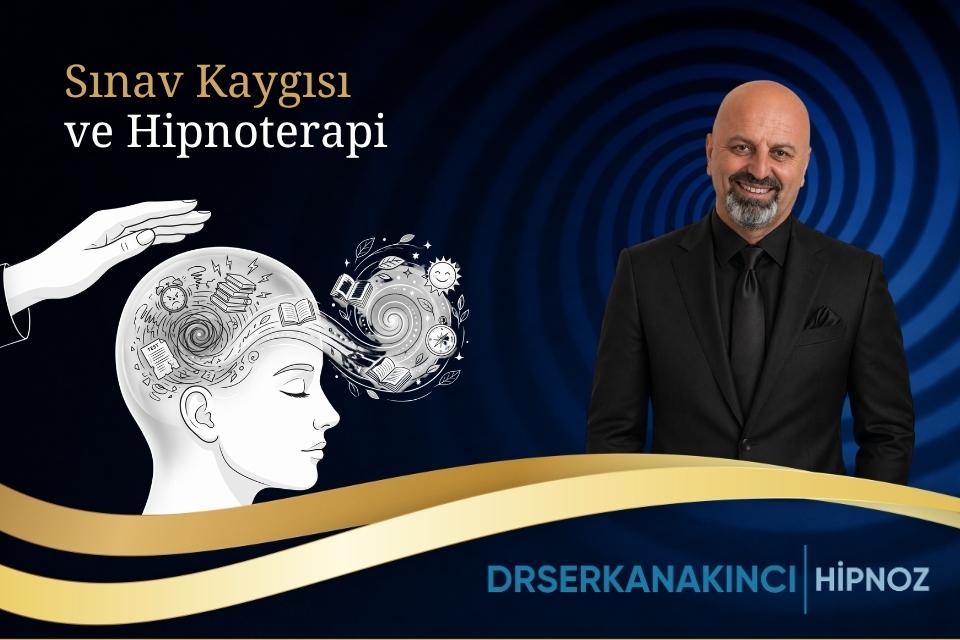 Promotional banner for exam anxiety and hypnotherapy featuring a calm head with swirling thought doodles and a guiding hand, and a smiling hypnotherapist in a black suit on a blue background.