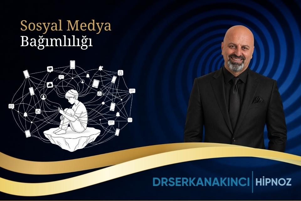 Event banner about social media addiction: a man in a suit beside a network diagram with a child and connected icons.