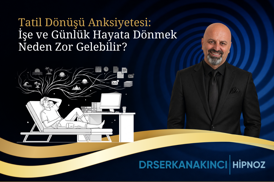 Turkish banner advertising holiday anxiety and returning to work; a smiling man in a black suit stands to the right, with a decorative blue spiral background and gold ribbon, plus the text about why returning to daily life can be hard.