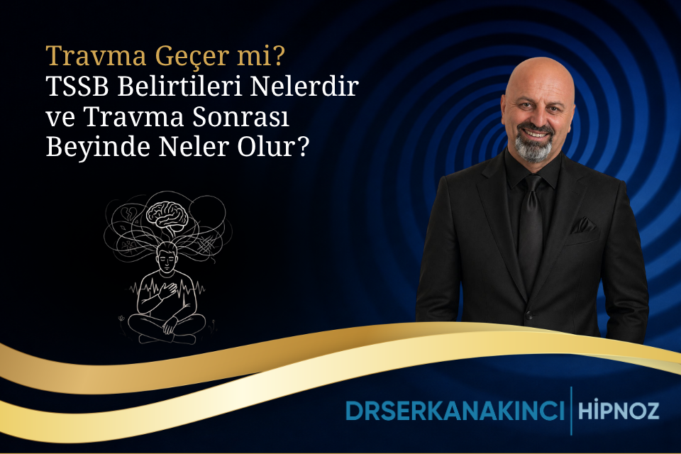 Turkish poster advertising a trauma/PTSD talk; title asks if trauma passes and what PTSD symptoms and brain effects are, featuring a man in a black suit.