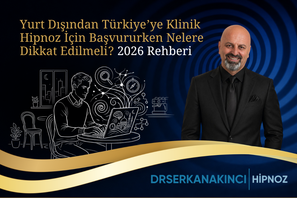 Promotional banner for the 2026 guide on international clinical hypnosis applications; man in a black suit stands on the right, with a doodle of a person at a laptop on the left, blue spiral backdrop, gold waves, and the Dr Serkan Akıncı Hipnoz logo.